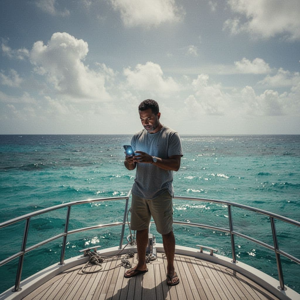 A person stands on a wooden boat deck holding a smartphone against a backdrop of deep blue Hawaiian waters. Dramatic sunlight highlights the subject while the expansive ocean stretches behind them.