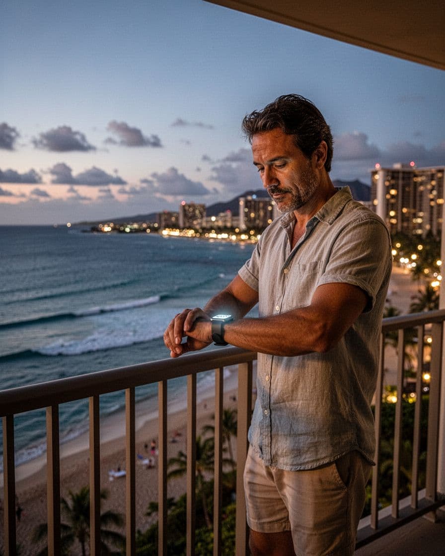 Traveler in casual clothes checks smartwatch on wrist from hotel balcony overlooking Waikiki Beach at dusk with city lights glowing.
