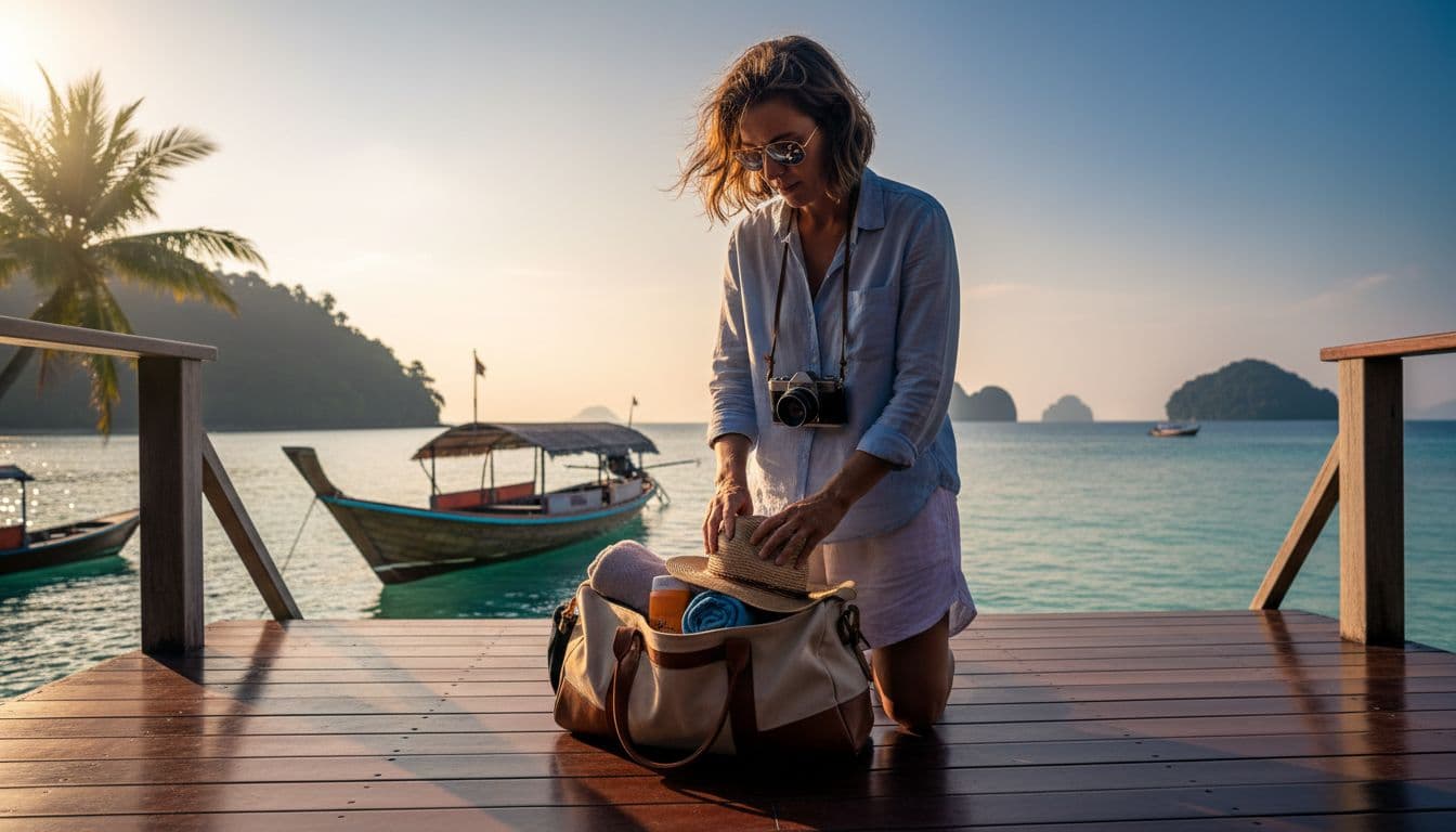 A person in light tropical clothing packs a camera and sunglasses into a bag on a sunny boat deck.
