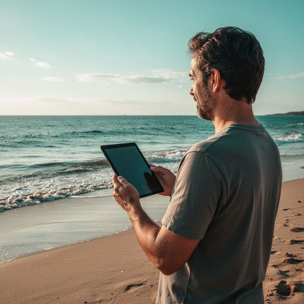 A person stands on a sandy beach holding a tablet, viewing digital snorkeling tour information. The ocean background glows with cyan light, highlighting the cinematic contrast between the sand and water.