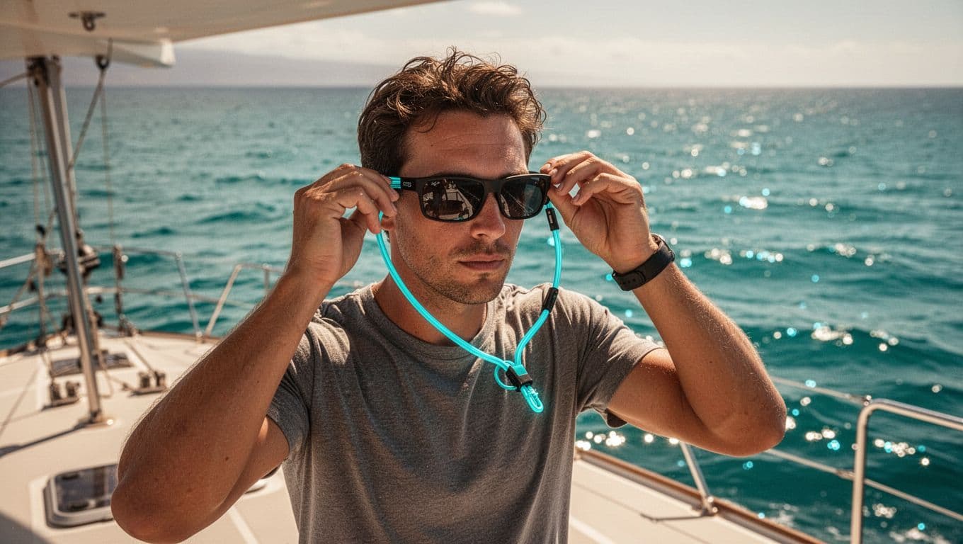 A traveler fastens a retention strap to sunglasses on a sunny boat deck in Hawaii.