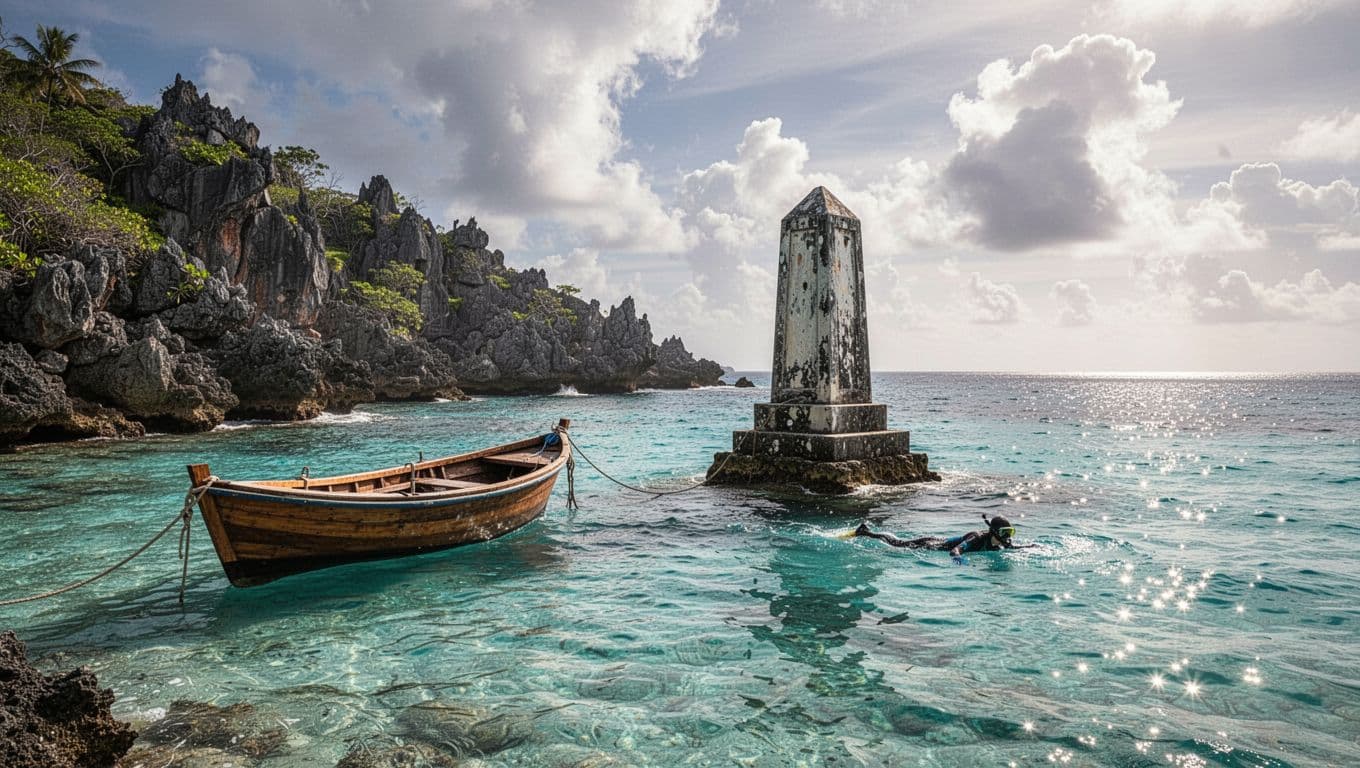 A small boat drifts in the crystal-clear turquoise waters of a secluded bay. Towering rocky cliffs frame the horizon, while brilliant sunlight creates sparkling highlights across the vibrant ocean surface.