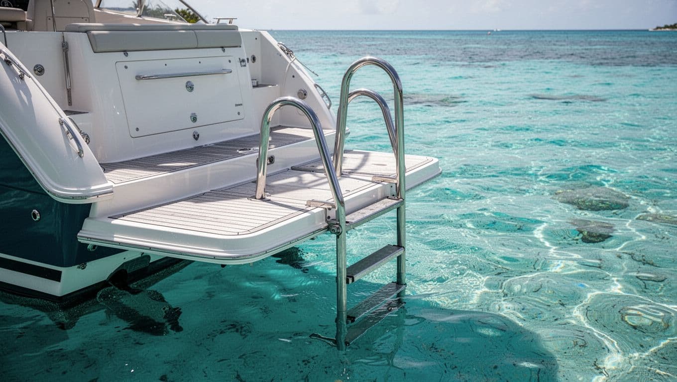 A boat swim step and metal ladder above bright tropical ocean water.