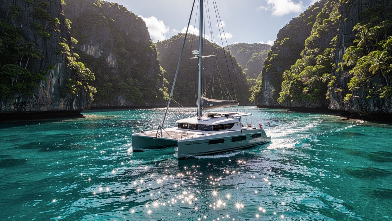 A white catamaran anchored in a sparkling tropical bay beneath steep green cliffs.
