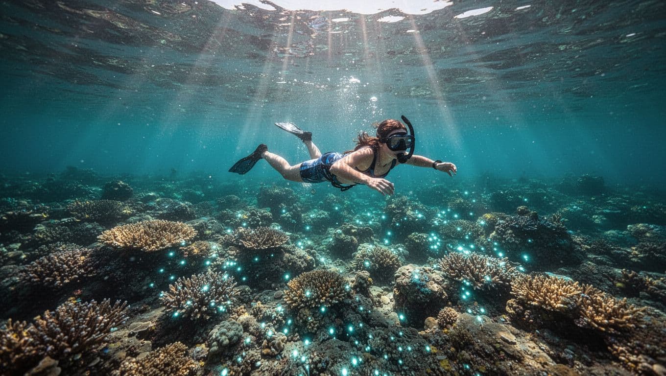A person snorkeling in bright turquoise water over a colorful coral reef.