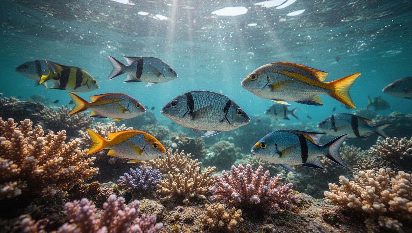 Colorful tropical reef fish swimming near a vibrant coral garden in clear ocean water.