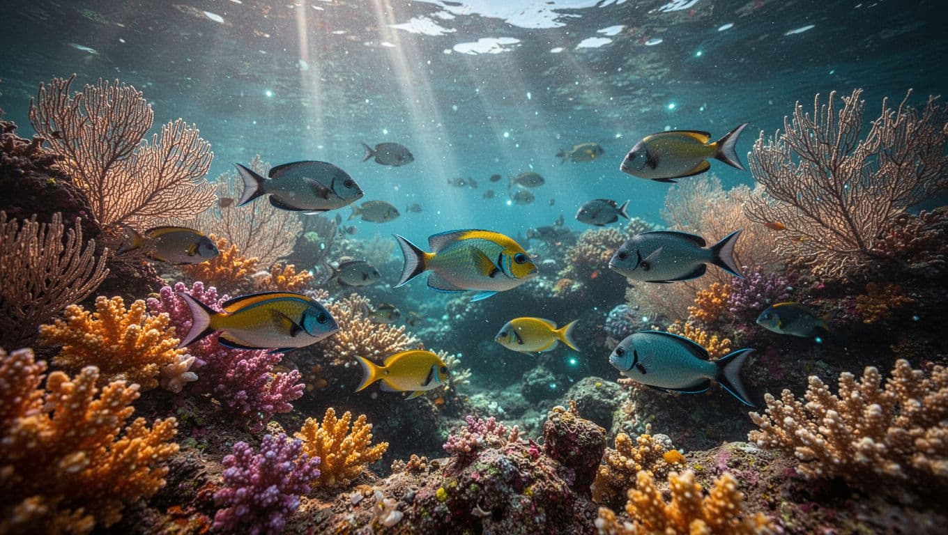 Colorful tropical fish swim among vibrant coral reefs in the clear blue Pacific.