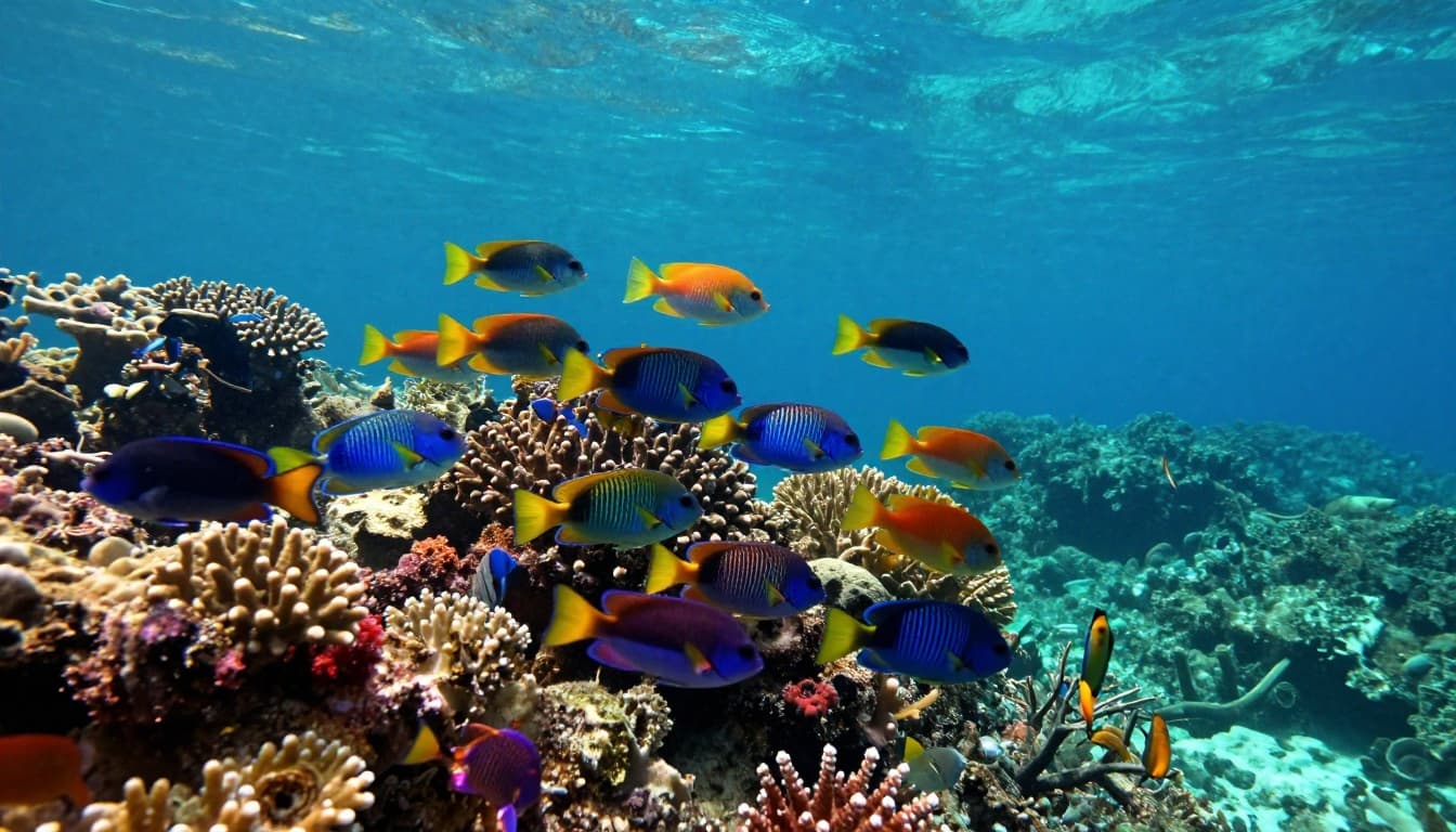 Vibrant tropical fish swim among colorful coral reefs beneath clear turquoise Hawaiian waters.