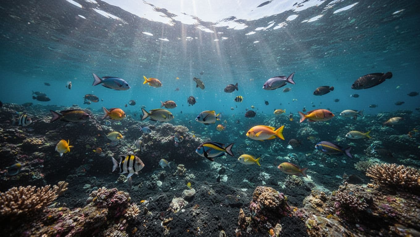 Sunlight rays pierce the clear water over a volcanic reef teeming with colorful tropical fish.
