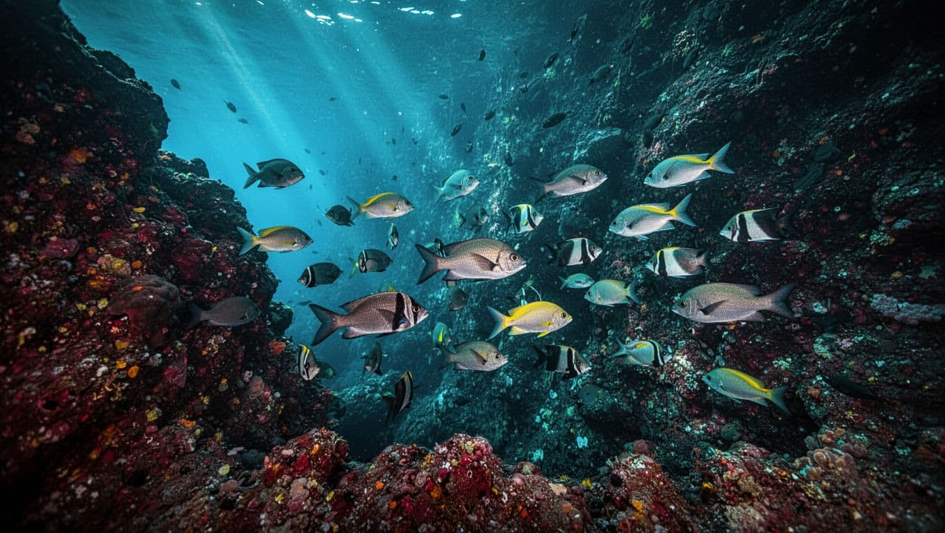Tropical fish swim beside a brightly lit volcanic reef wall.