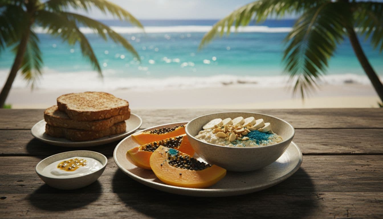 Papaya slices, banana-nut oatmeal, toast, and yogurt on wooden table with blurred turquoise ocean.