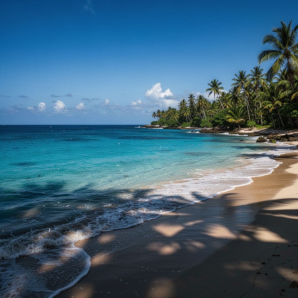 A vibrant blue ocean meets a rugged coastline under a clear sunny sky.