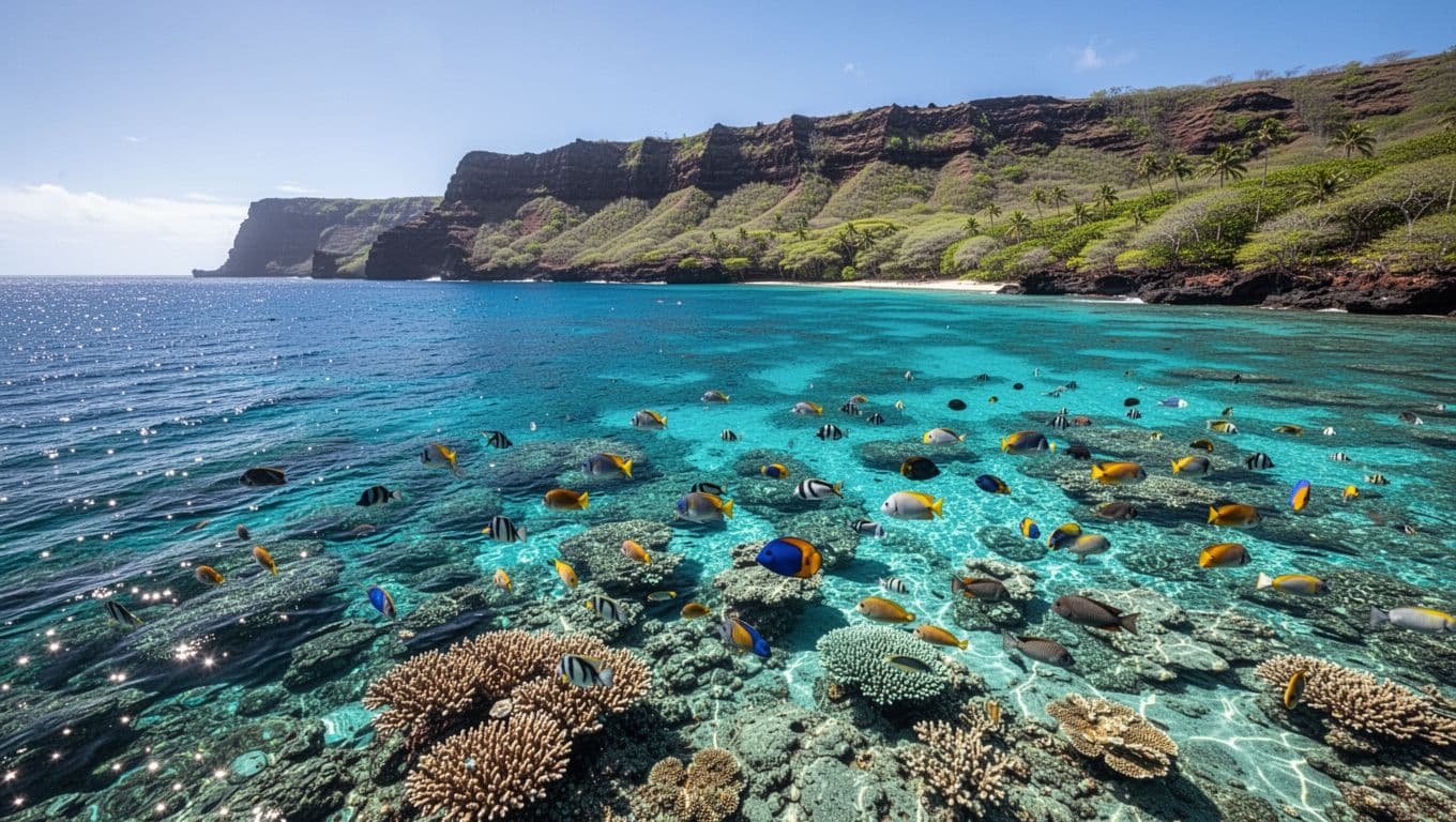 Vibrant coral reefs thrive beneath the clear turquoise water where colorful schools of fish swim. The backdrop features dramatic volcanic cliffs and lush tropical foliage overlooking the serene marine preserve.
