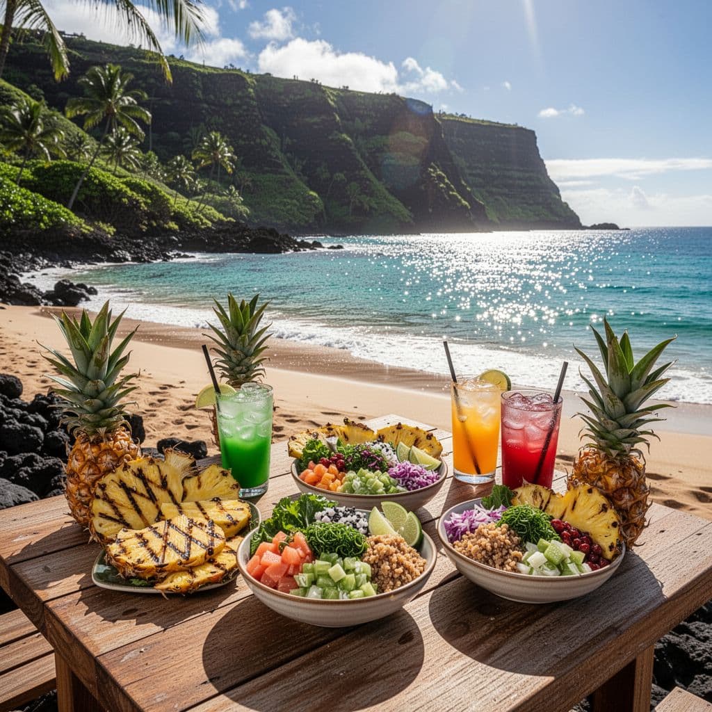 A rustic wooden table features fresh poke bowls and grilled pineapple under the sun. Beyond the food, the vibrant cyan ocean and rugged green volcanic coastline create a stunning tropical backdrop.