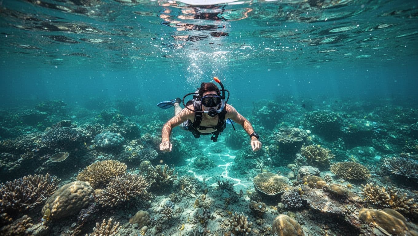 A snorkeler swims above a colorful coral reef in clear turquoise water.