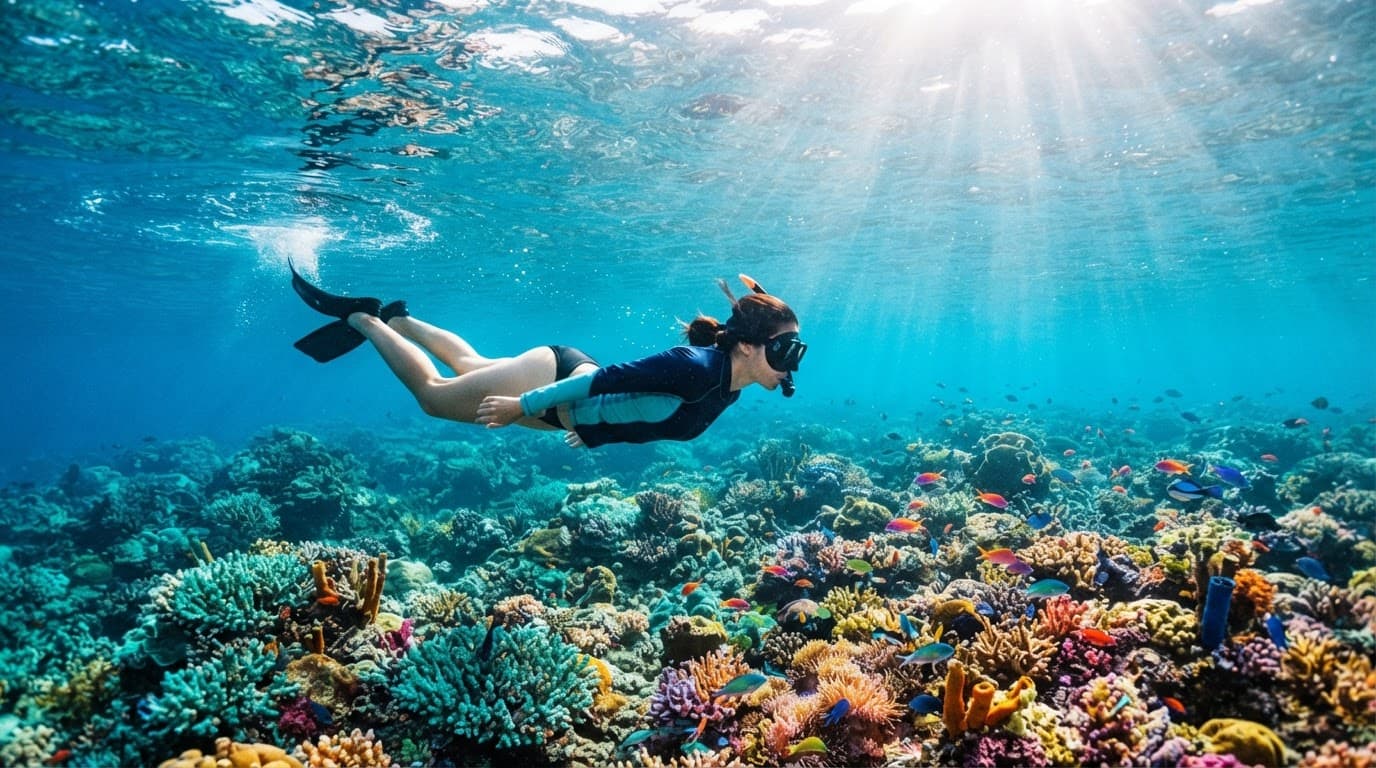 A person snorkeling above a colorful coral reef in clear blue water.