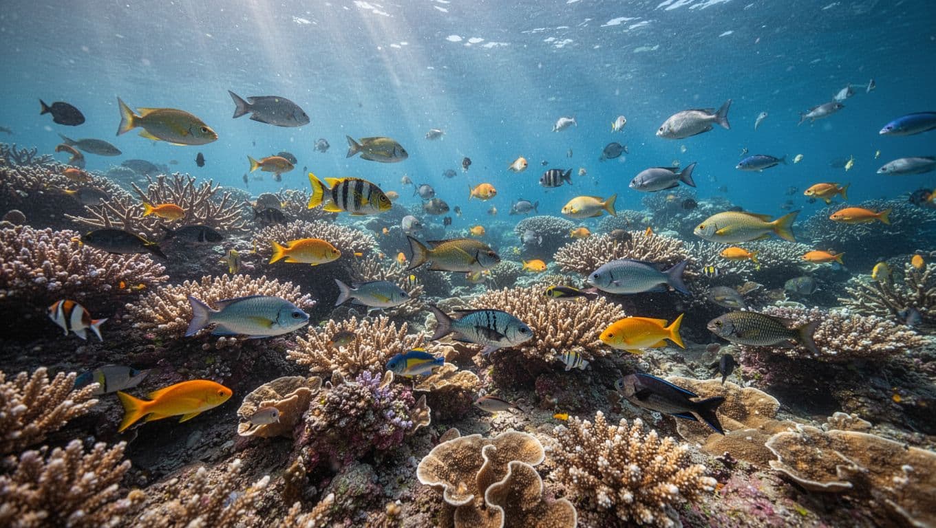 A shallow tropical reef teeming with various colorful fish weaving through intricate coral structures. Sunlight filters through the crystal-clear turquoise water, illuminating the diverse marine life in their natural environment.