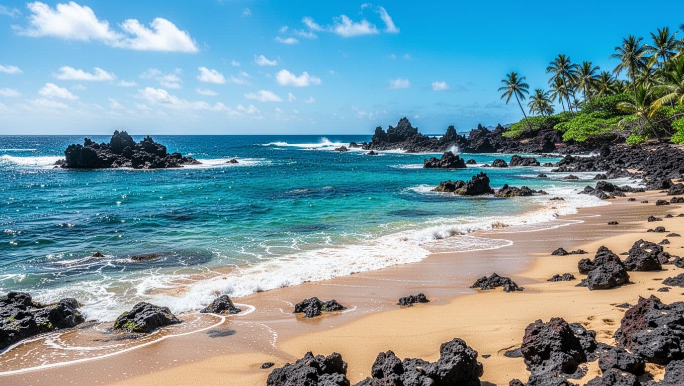 Calm cyan ocean waves washing over dark volcanic rocks on a sunny tropical shore.