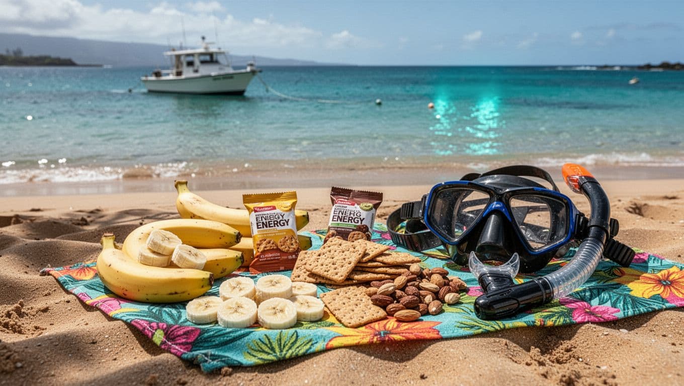 Sliced bananas, energy bars, crackers, and nuts on colorful cloth beside snorkel gear on sunny Big Island beach with anchored boat in turquoise water.