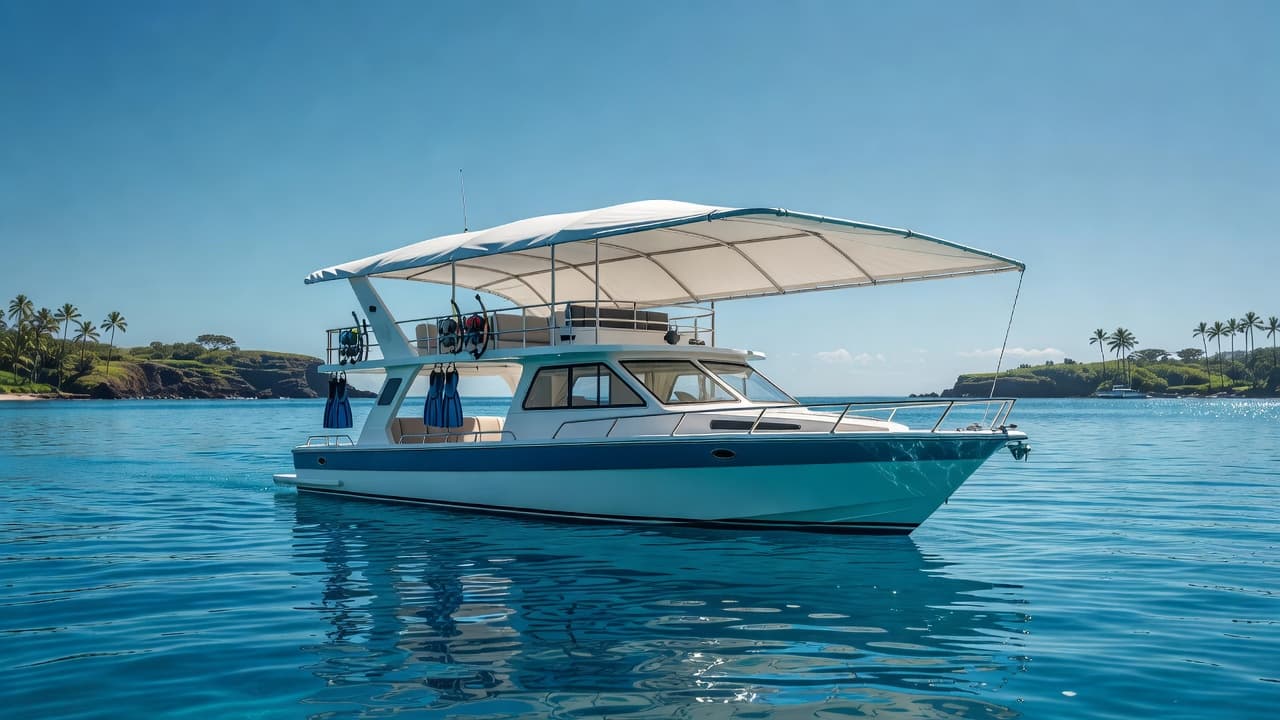 A spacious double-decker boat sits anchored in calm, clear turquoise Hawaiian waters. The upper deck features an expansive white canopy, creating a cool, shaded oasis perfect for relaxing between underwater adventures.