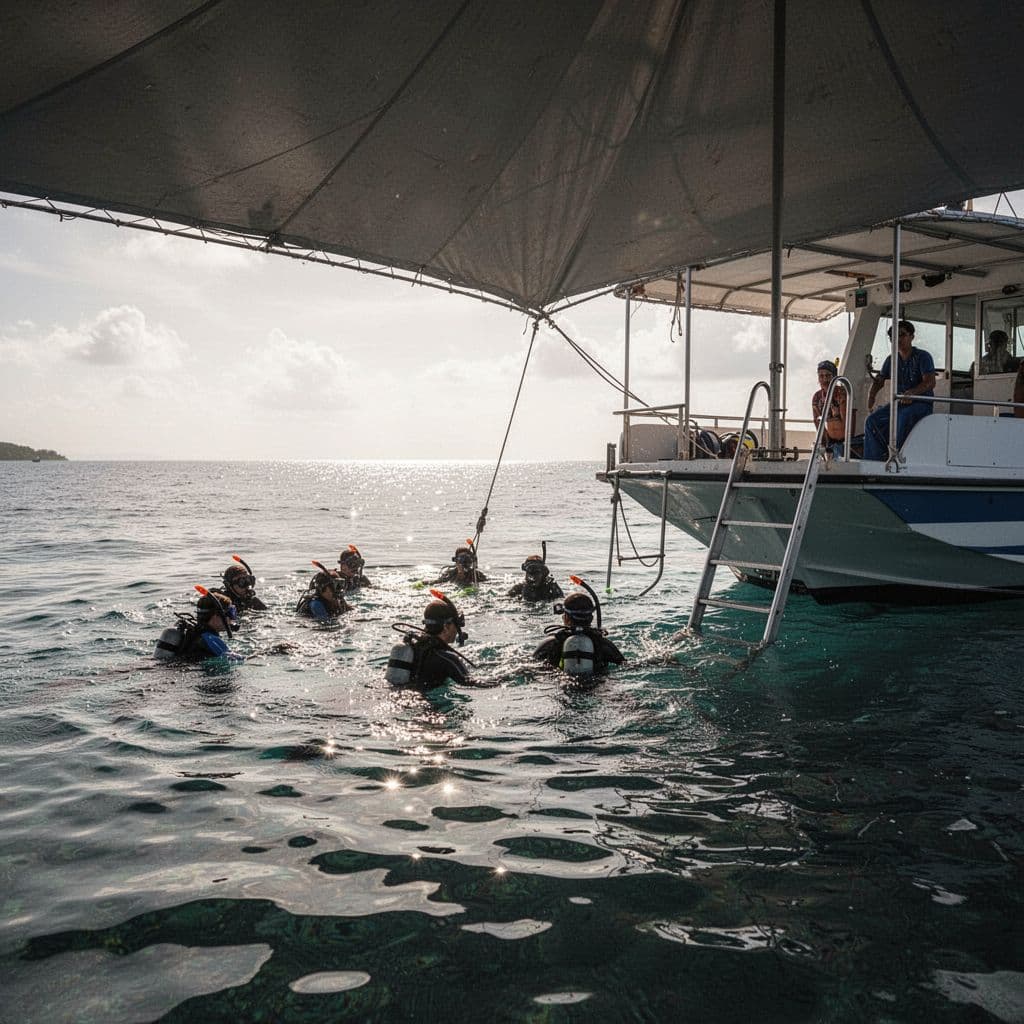 Snorkelers float in calm turquoise water beside a tour boat featuring a large shade canopy. A heavy-duty metal ladder is attached to the stern for guests to easily climb aboard.