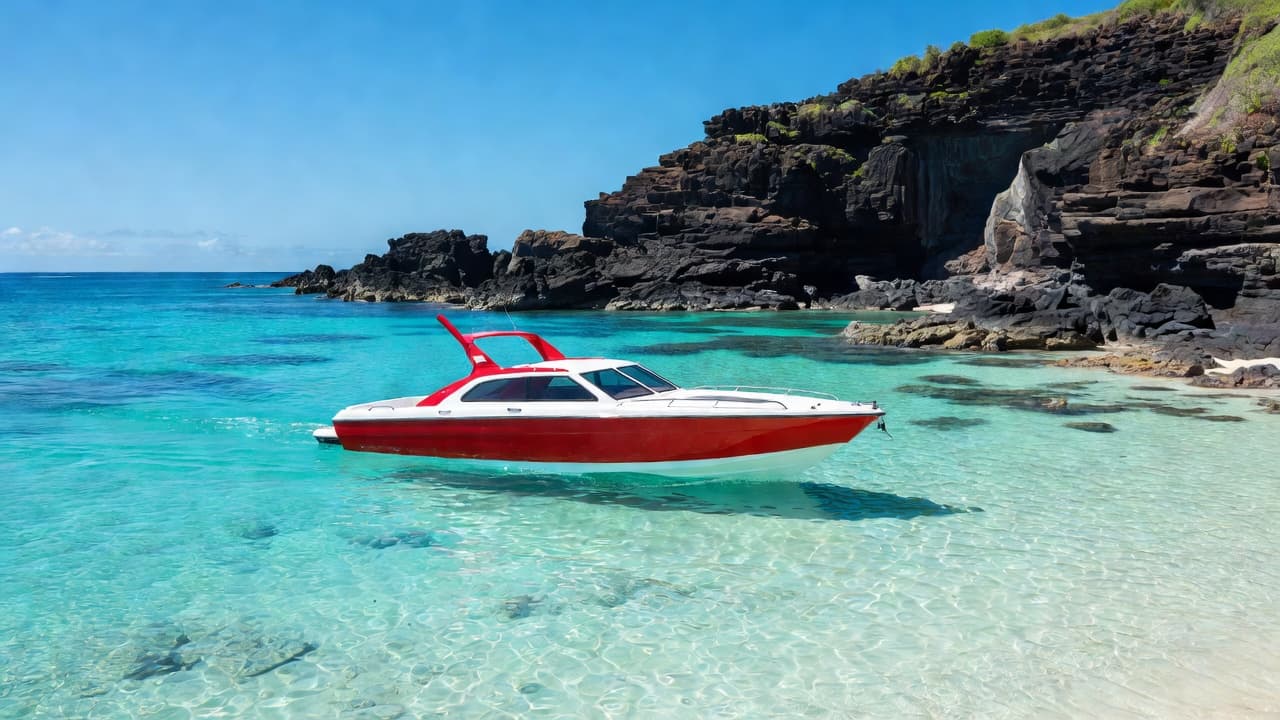 A red and white boat cruising on bright turquoise ocean water near a volcanic shore.