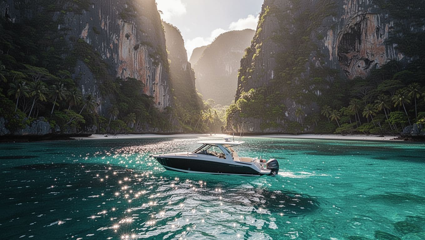 A sleek, small boat floats in a vibrant cyan tropical bay surrounded by towering jagged cliffs. The morning sun highlights sparkling turquoise waters while shadows define the dramatic coastal landscape.