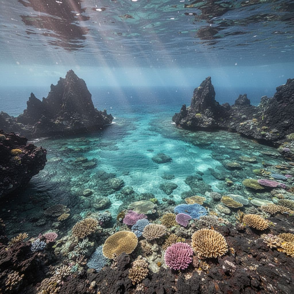 Sunlight rays pierce through the turquoise water, illuminating jagged volcanic rock formations and vibrant coral reefs beneath the surface of the clear Hawaii bay. The scene captures an underwater perspective.