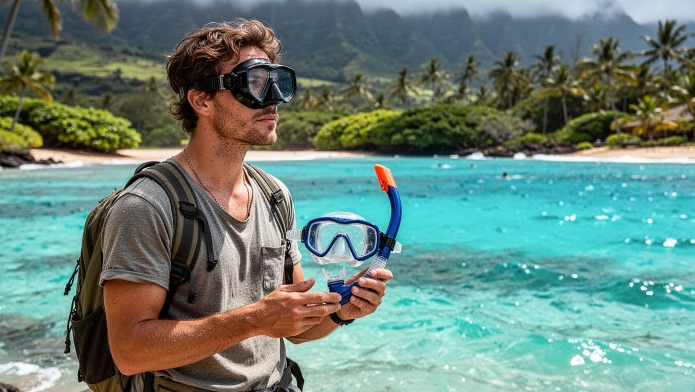 A traveler holding a snorkel mask near a vibrant tropical ocean.