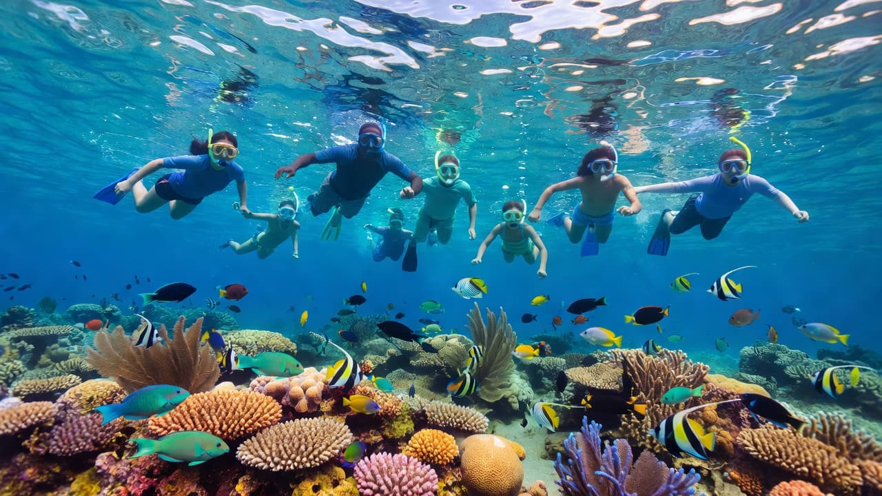 A diverse group of swimmers float over a vibrant Hawaiian coral reef, exploring shallow blue water filled with colorful tropical fish. Sunlight creates shimmering patterns on the sandy ocean floor below.