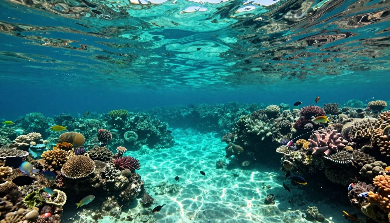 Vibrant schools of tropical fish swim through intricate coral formations beneath the crystal clear turquoise surface of Kealakekua Bay. Bright sunlight pierces the water, highlighting the vivid colors of the underwater environment.