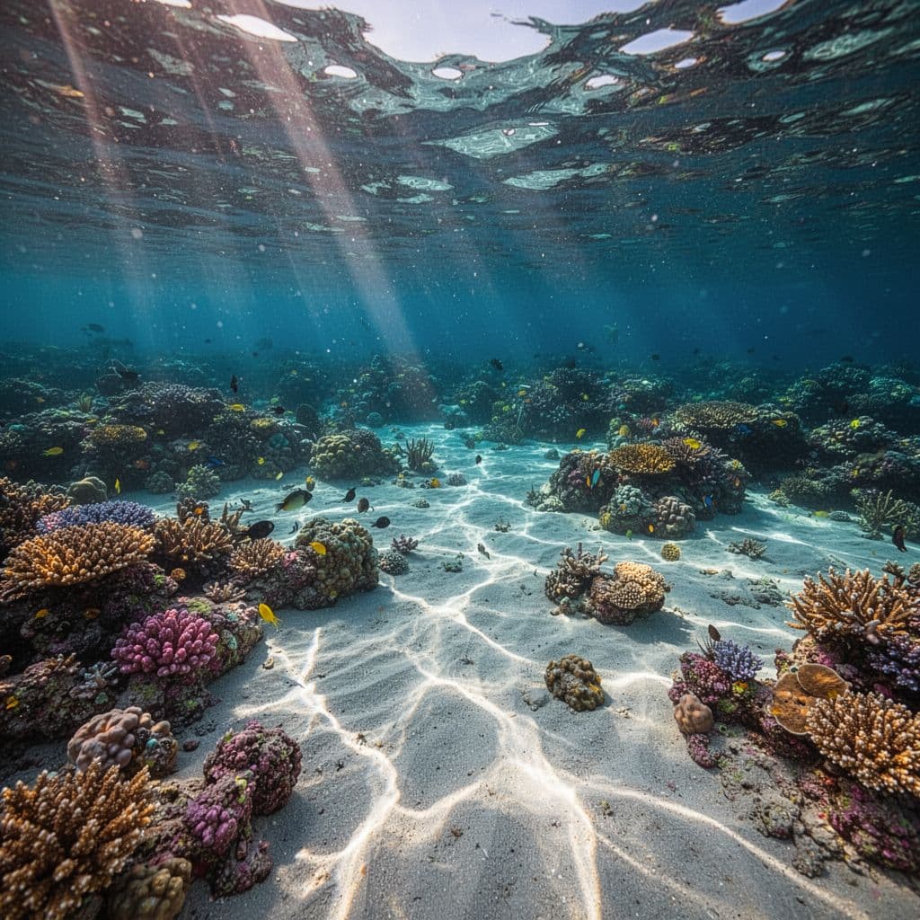Sunlight streams through clear ocean water onto a vibrant coral reef and sandy floor.