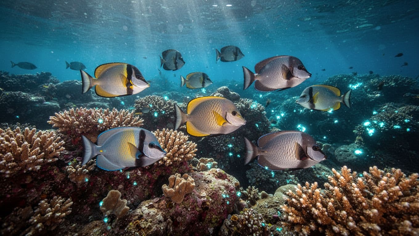 Vibrant surgeonfish swim through the crystal clear blue waters of Kealakekua Bay. They navigate among intricate, multicolored coral formations illuminated by bright, sparkling light that penetrates the calm ocean surface.