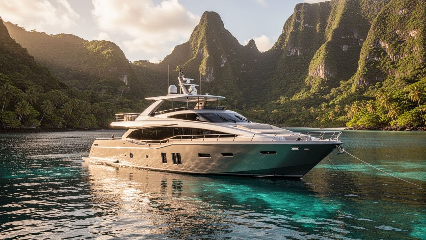 Modern tour boat anchored in a calm tropical bay beneath green cliffs.