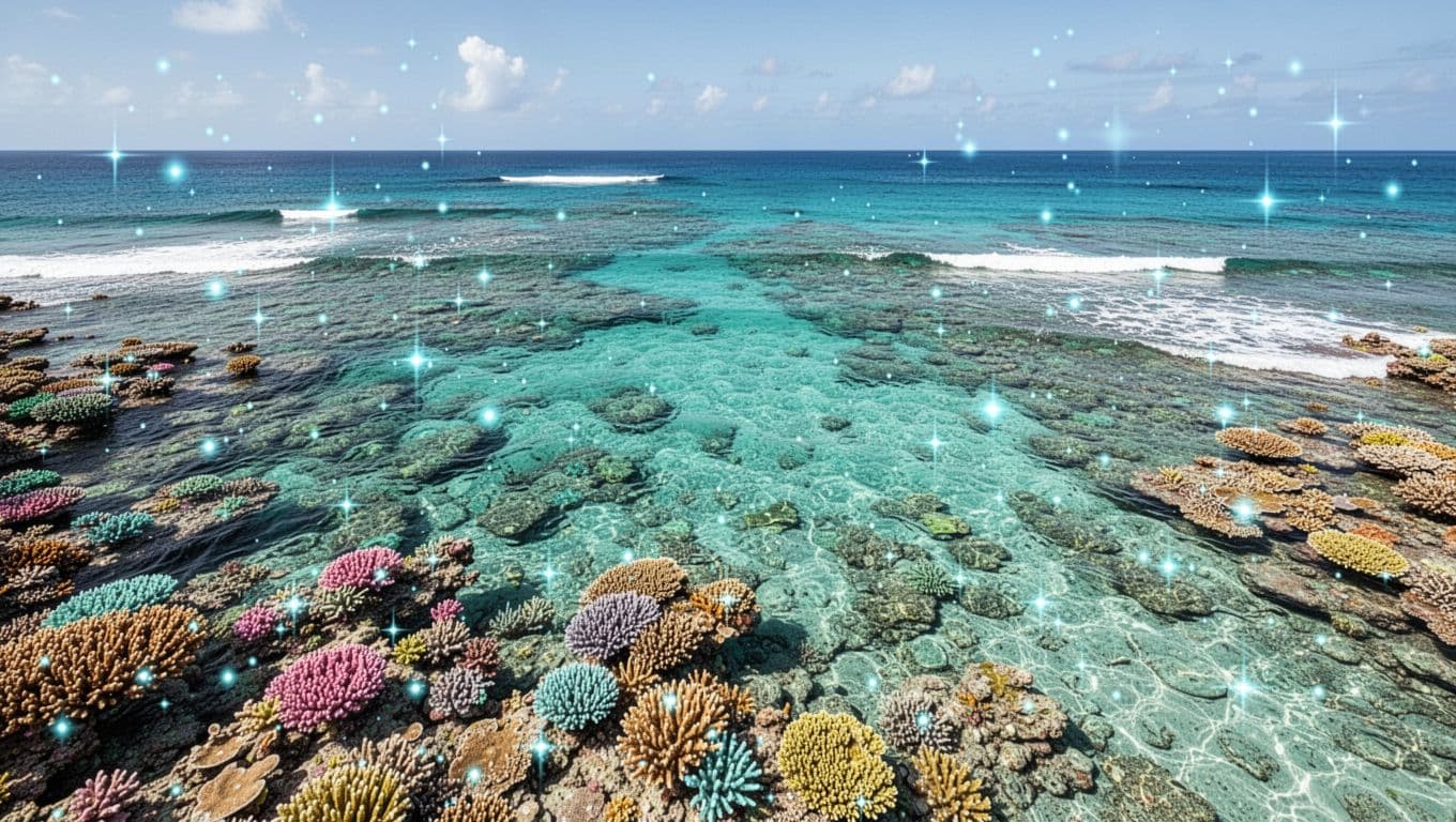 A sunny tropical bay with turquoise water and visible coral reefs.