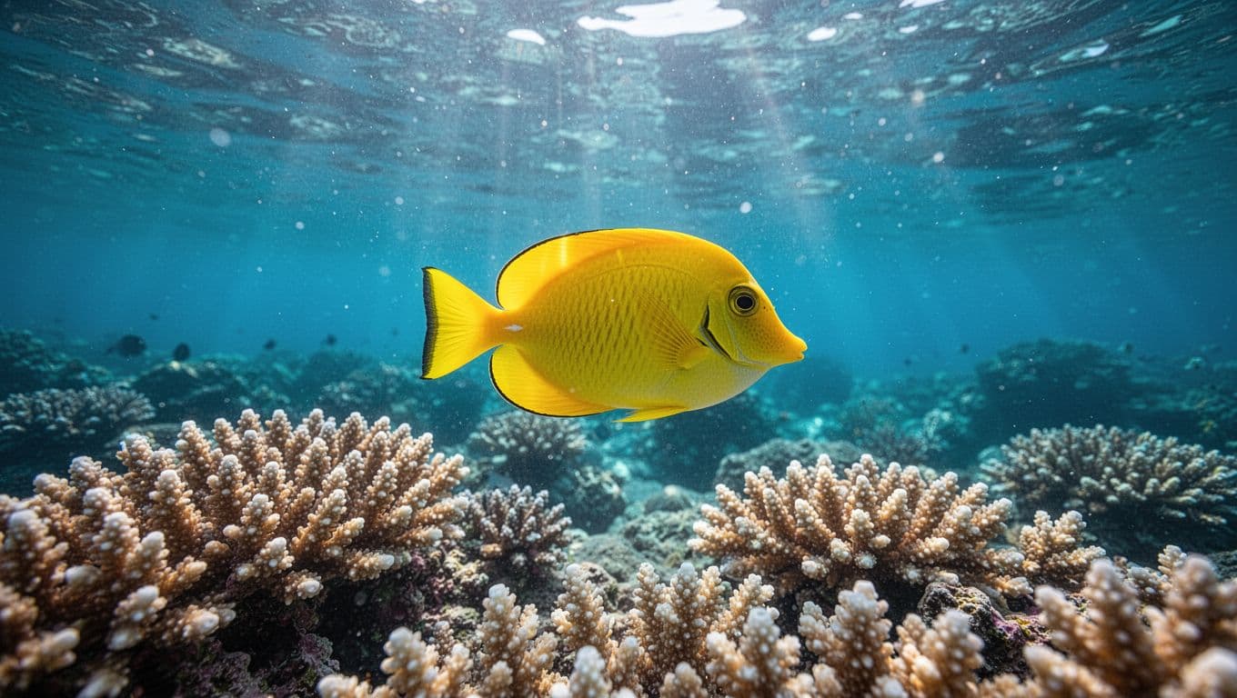 Vibrant yellow tang fish swimming over a clear coral reef in blue ocean water.