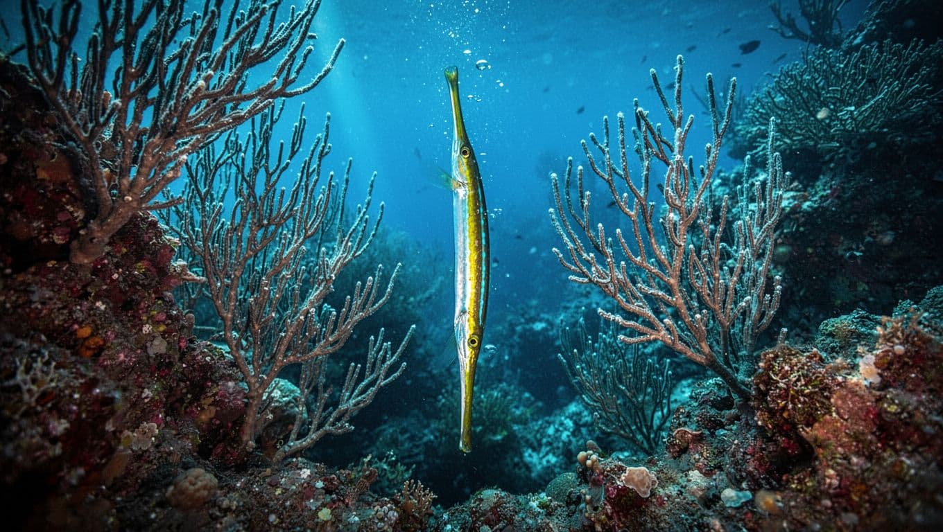 A slender trumpetfish floats vertically between vibrant, complex coral branches within deep blue tropical water. Sunlight filters through the surface, creating sparkling cyan accents across the surrounding reef ecosystem and marine life.