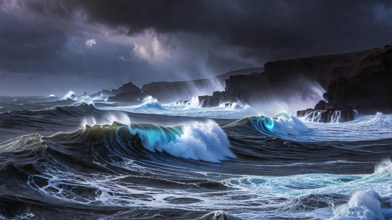 Massive waves with whitecaps crash violently against the rugged Kona coastline under a dark, ominous sky. The churning ocean exhibits high-contrast tones with vivid cyan highlights flickering across the deep blue surface.