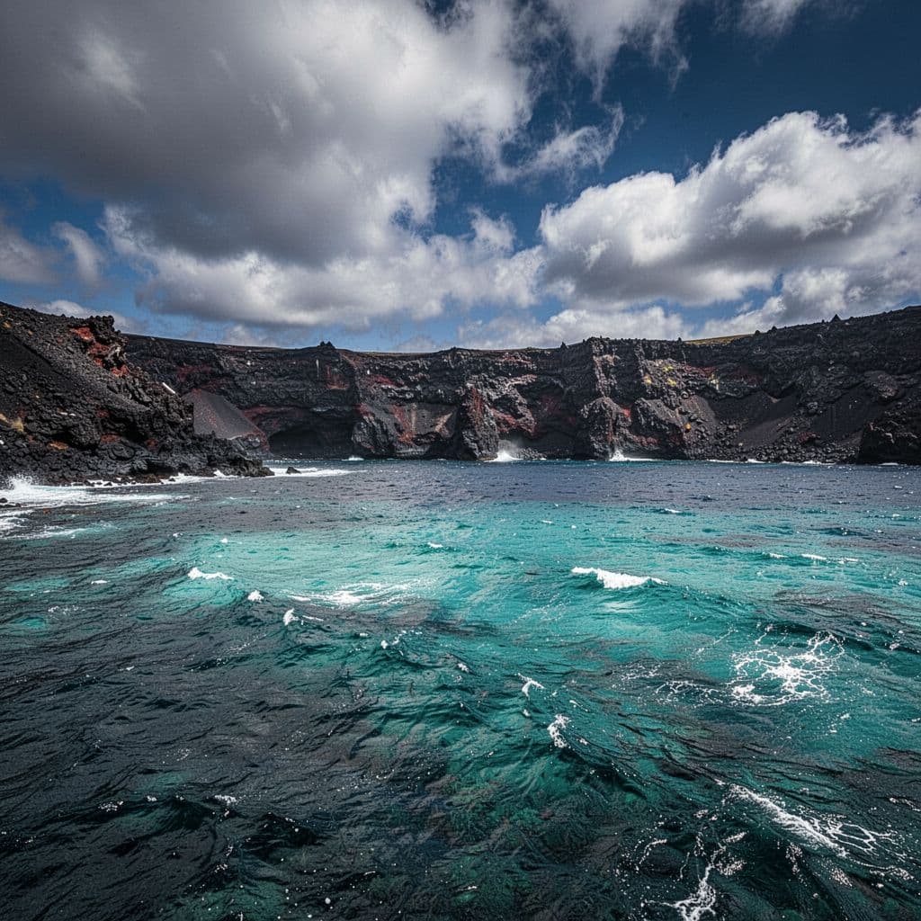 Gentle waves roll toward a rugged volcanic shoreline under a dramatic, cloudy sky.