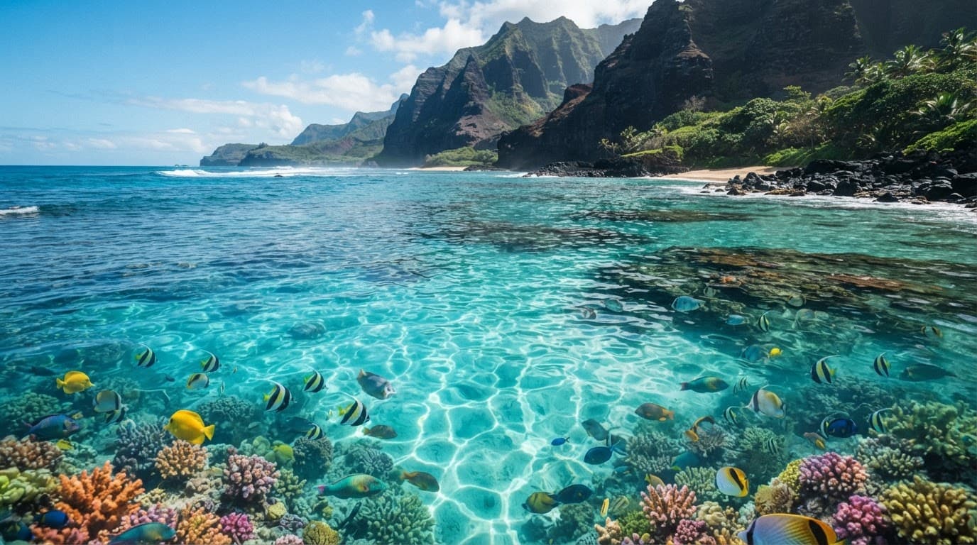 Clear turquoise water beside a dark volcanic coast, with a bright shallow tropical sea.