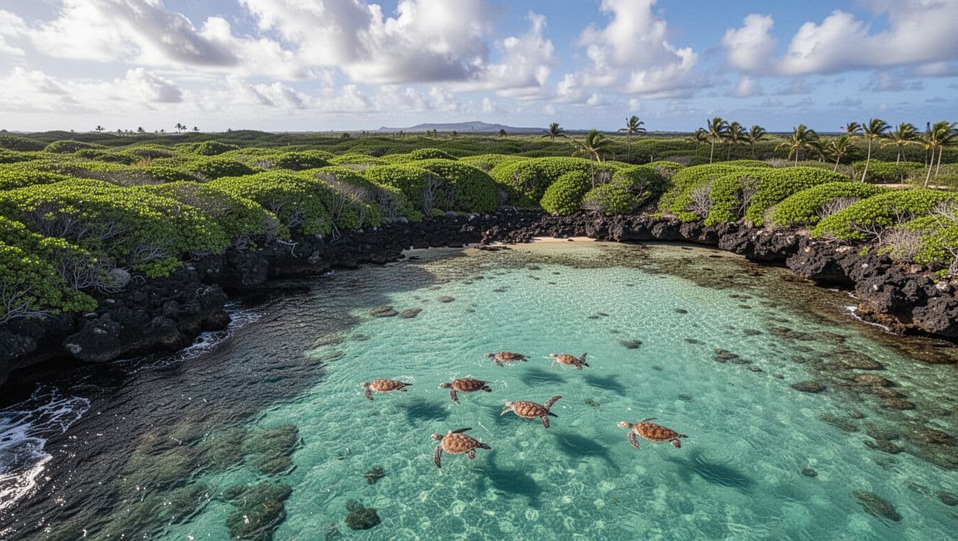 Aerial view of turquoise lagoon with sea turtles in shallow waters, rocky coastline, and lush greenery at Oahu North Shore.