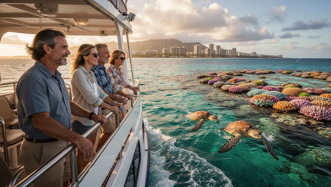 Double-decker tour boat gliding over turquoise ocean waters toward vibrant coral reef at Turtle Canyon off Oahu's coast, with Waikiki Beach skyline in background and two Hawaiian green sea turtles surfacing playfully near the boat. Exactly three passengers and one guide on upper deck watch excitedly with hands on railing, calm sunny sea in cinematic golden hour glow.