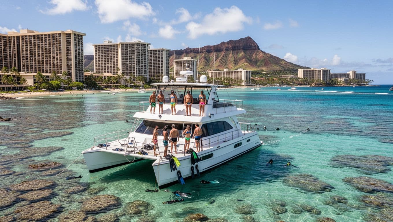 Double-decker catamaran anchored over turquoise reef at Turtle Canyon, Waikiki hotels and Diamond Head visible in background under sunny sky.