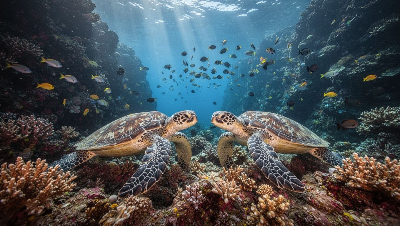 Two green sea turtles rest on vibrant coral reef in Turtle Canyon amid tropical fish schools and sunlight rays.