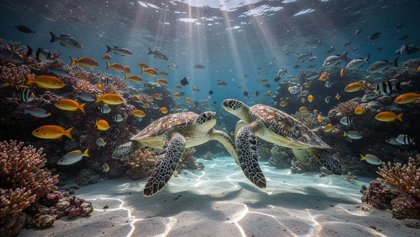 Green sea turtles and schools of tropical fish glide over coral reef. Sunbeams create caustics on sandy bottom.