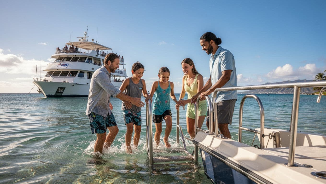 A beginner family of parents and two young children, ages 8-10, guided by a professional instructor, safely enters calm ocean water from a boat ladder off Waikiki, Hawaii, on a sunny day.