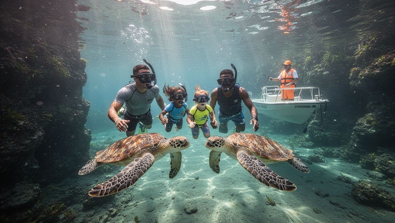 Diverse family of two adults and two children snorkeling relaxedly with two Hawaiian green sea turtles in clear turquoise waters at Turtle Canyon off Waikiki, Oahu, with professional guide on nearby boat overseeing safety, sunny day with dramatic underwater light rays.