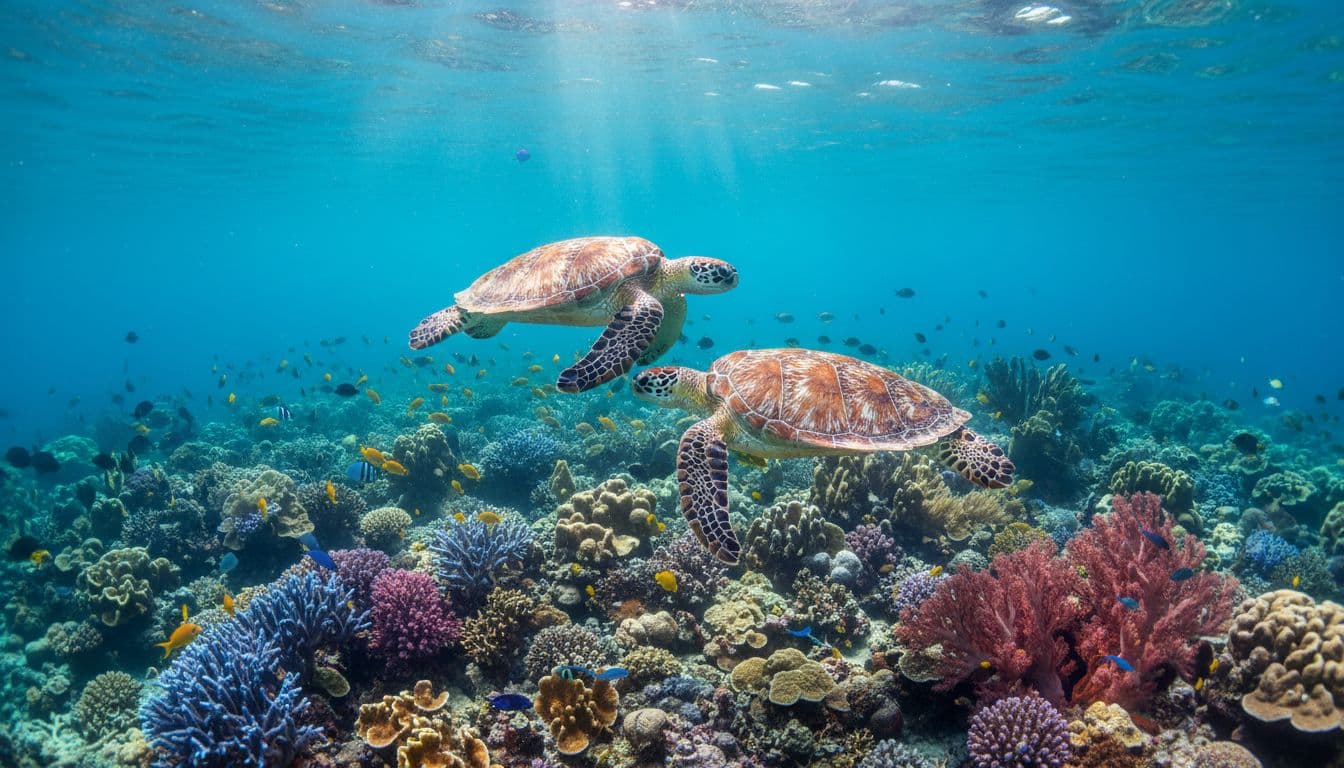Two Hawaiian green sea turtles glide over a vibrant coral reef in clear turquoise water at Turtle Canyon off Waikiki, with dramatic underwater lighting and schools of colorful tropical fish.