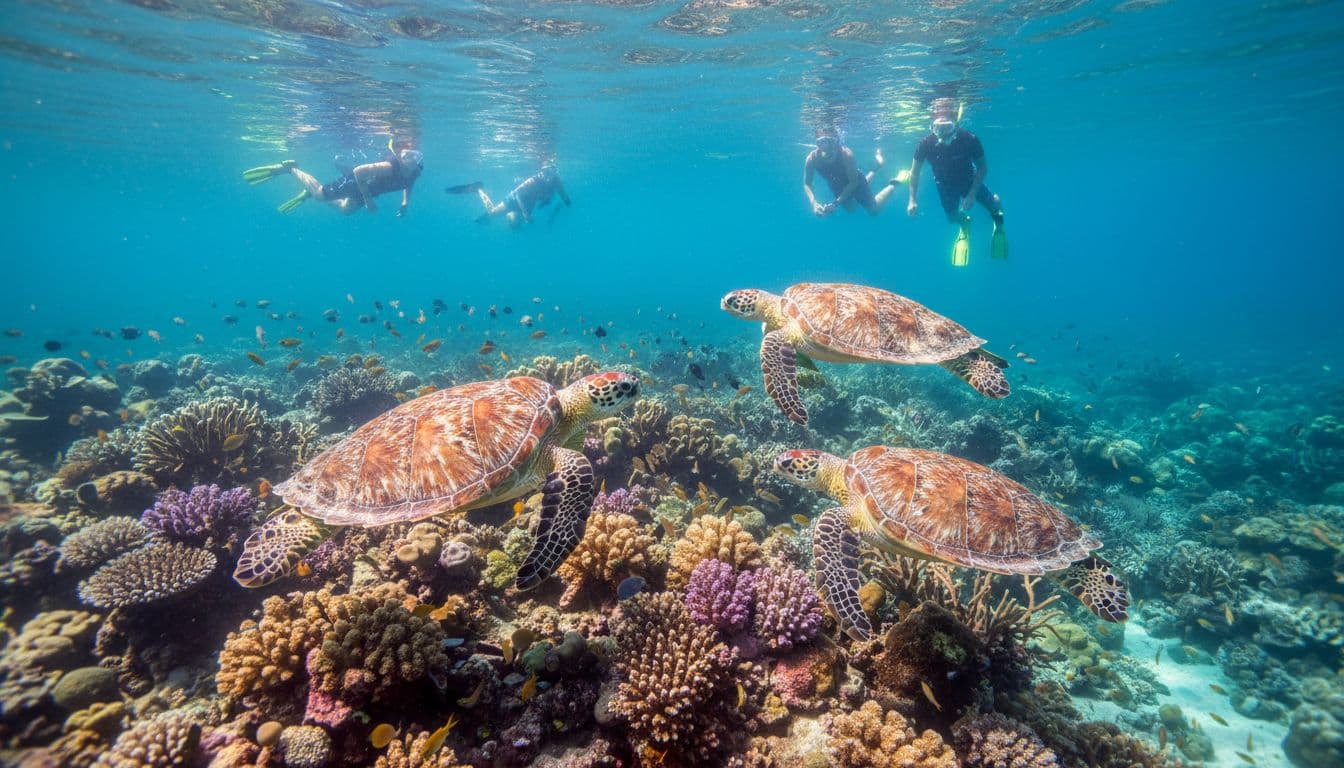 Three Hawaiian green sea turtles swim gracefully at a natural underwater cleaning station in Turtle Canyon off Waikiki, Oahu, surrounded by vibrant coral reef in clear turquoise water. Four snorkelers observe from above on a sunny tropical day in this photorealistic landscape composition.