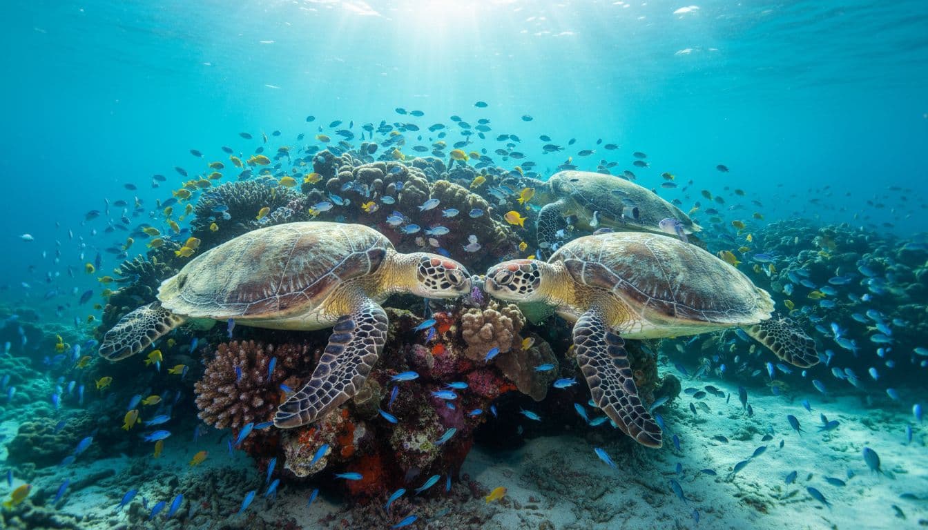 Two green sea turtles at coral reef cleaning station with fish nibbling shells in turquoise water and sun rays.
